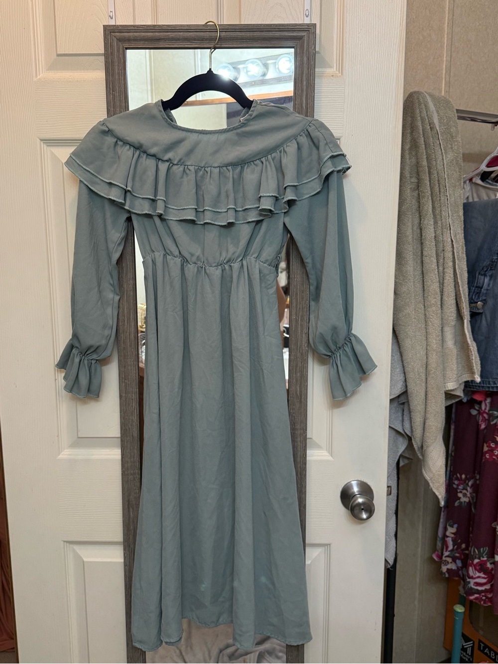 SHEIN Sage Green Ruffle Yoke Long-Sleeve Maxi Dress